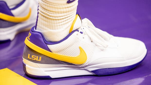 Ja Morant's white, purple, and gold 'LSU Tigers' Nike sneakers.
